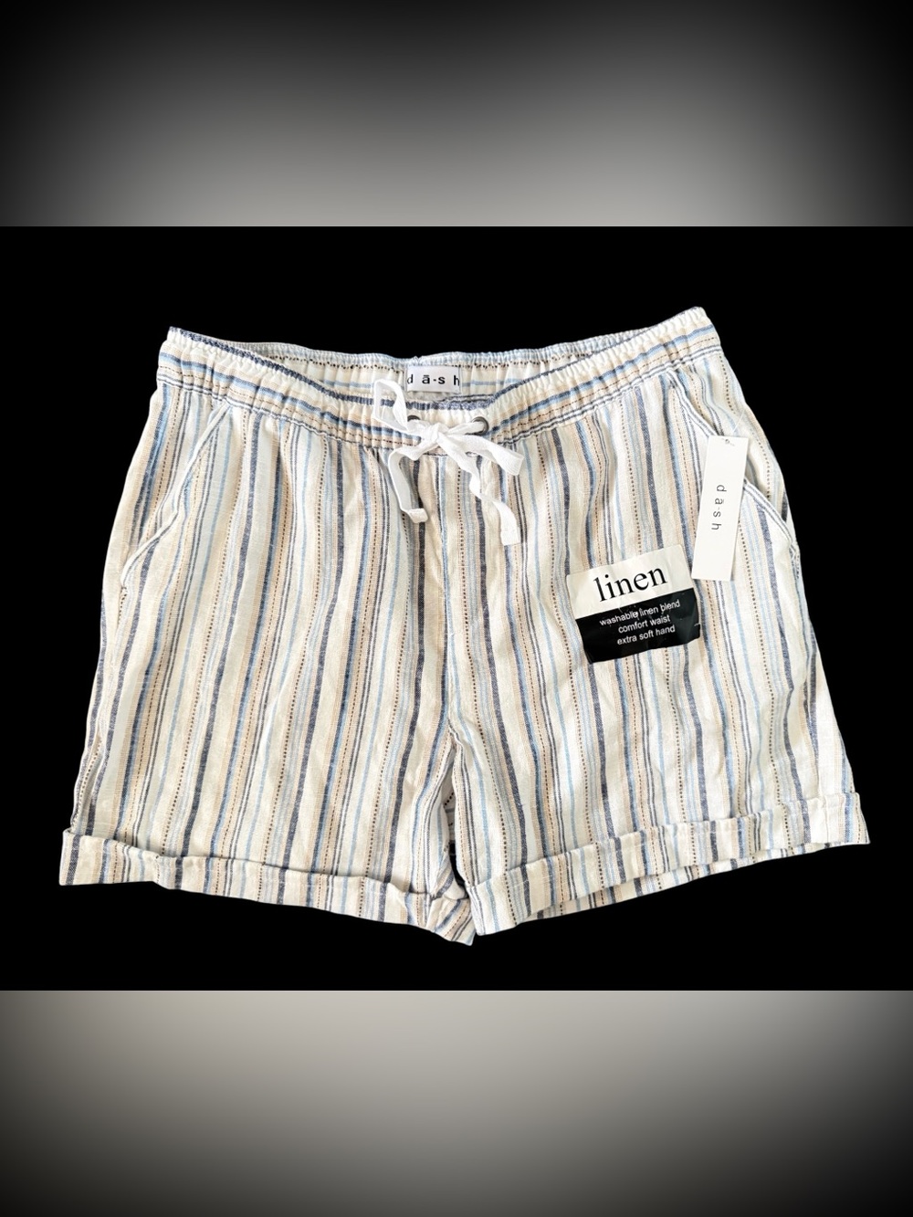da-sh Washable Linen 4- Pocket Drawstring Cuffed Shorts Blue/White/Beige Sz Med